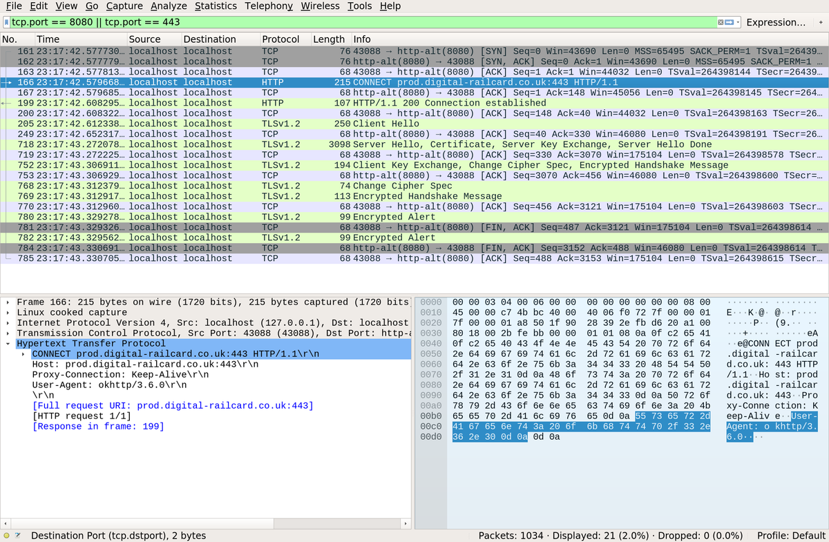Wireshark shows TLS connection between ZAP and emulator